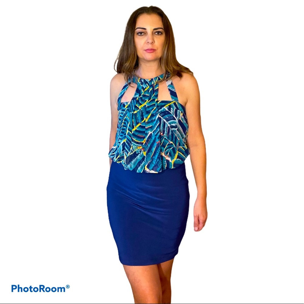 Bisou Bisou Blue & Printed Blouson Mini Dress 10